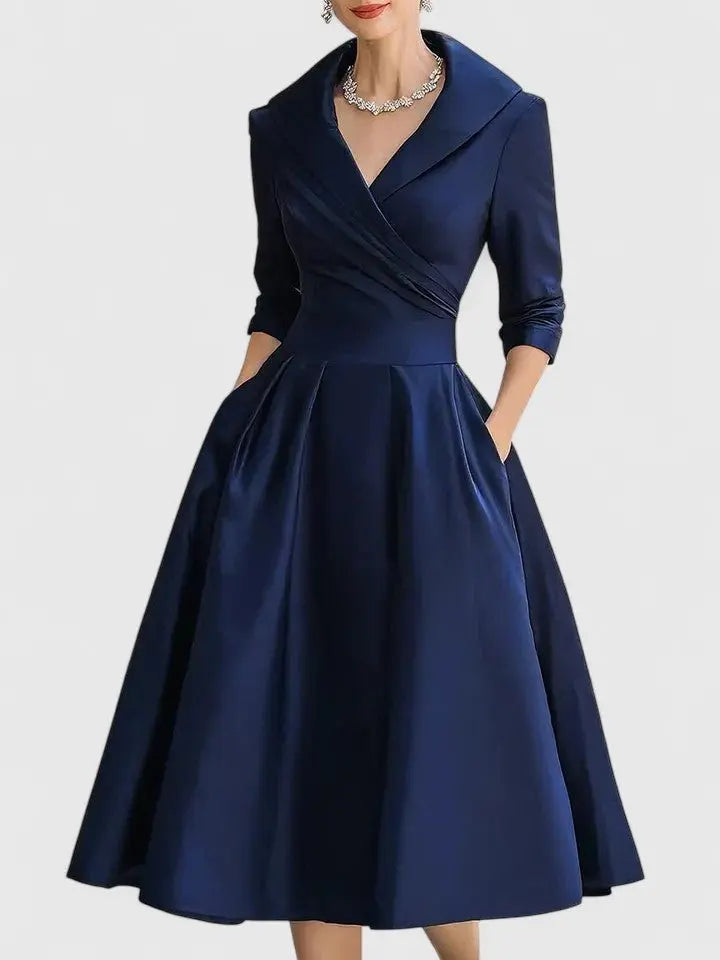 Midi Wrap Dress V-Neck 3/4 Sleeve Collared A-Line - Navy