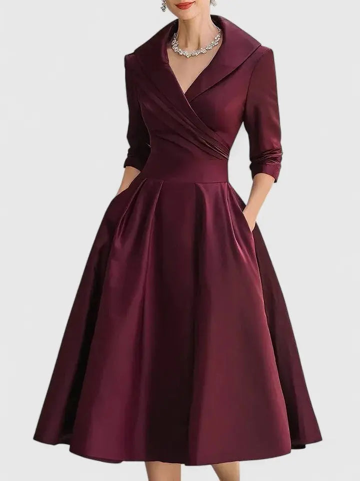 Midi Wrap Dress V-Neck 3/4 Sleeve Collared A-Line - Burgundy