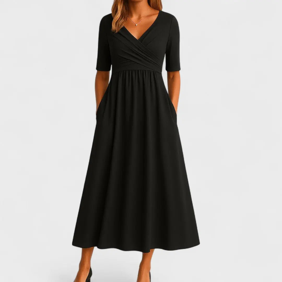 Midi Wrap Dress V-Neck Elbow Sleeves Side Pockets - Black (Almost Sold Out)