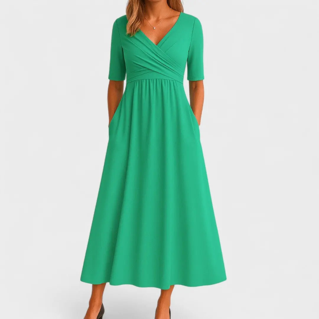 Midi Wrap Dress V-Neck Elbow Sleeves Side Pockets - Green