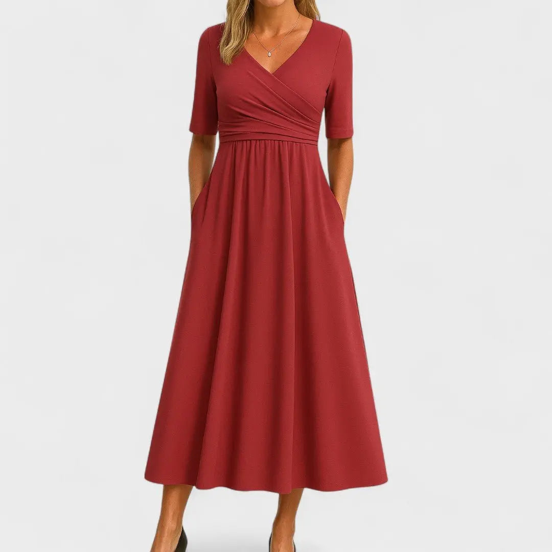 Midi Wrap Dress V-Neck Elbow Sleeves Side Pockets - Red