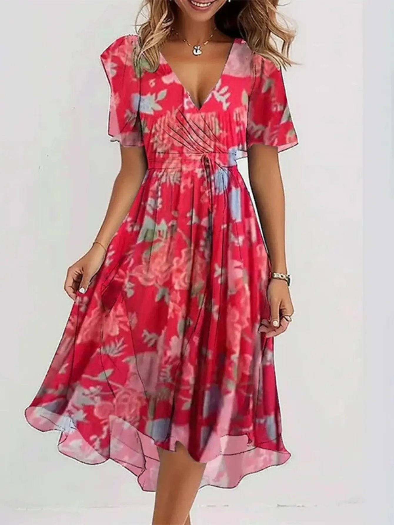 Midi Wrap Dress V-Neck Floral Short Sleeve Summer - Red