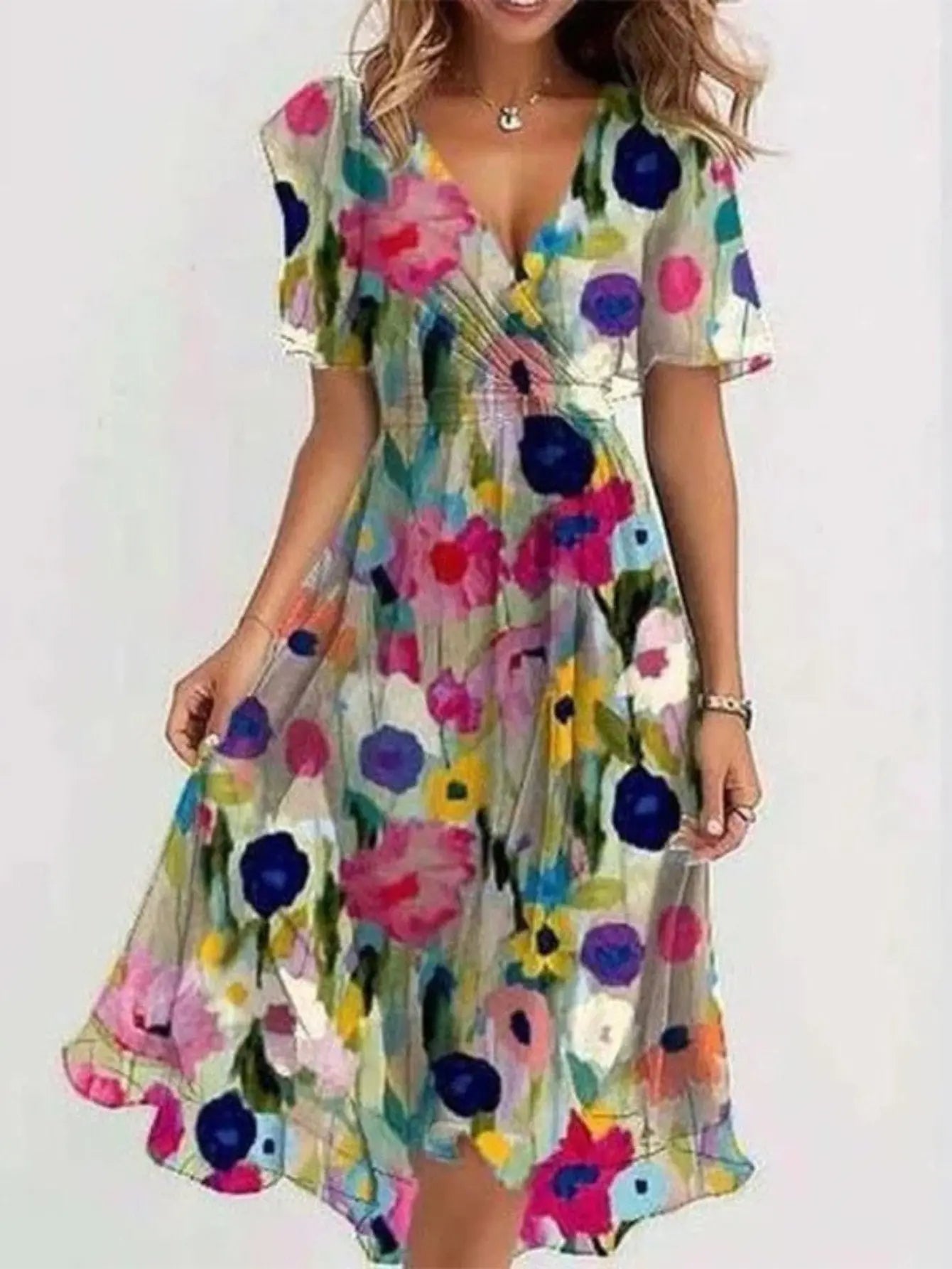 Midi Wrap Dress V-Neck Floral Short Sleeve Summer - Multi Color