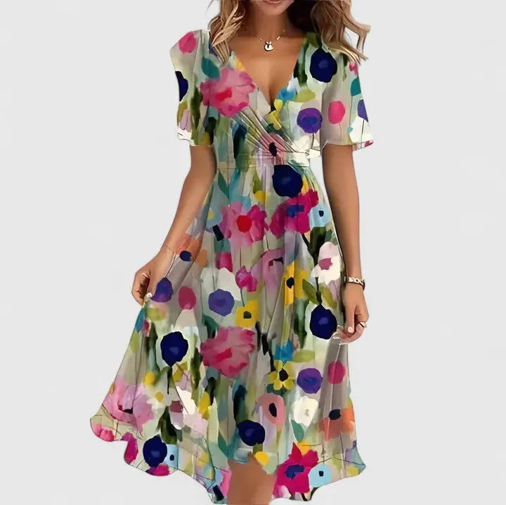 Midi Wrap Dress V-Neck Flutter Sleeves Floral Print - Beige Color Floral