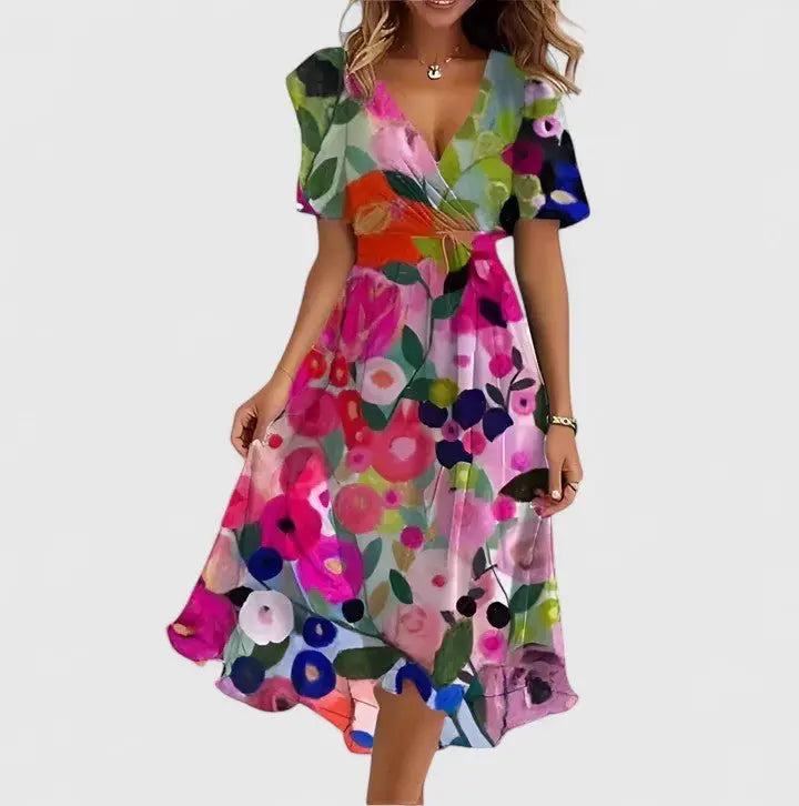 Midi Wrap Dress V-Neck Flutter Sleeves Floral Print - Multi Color Floral