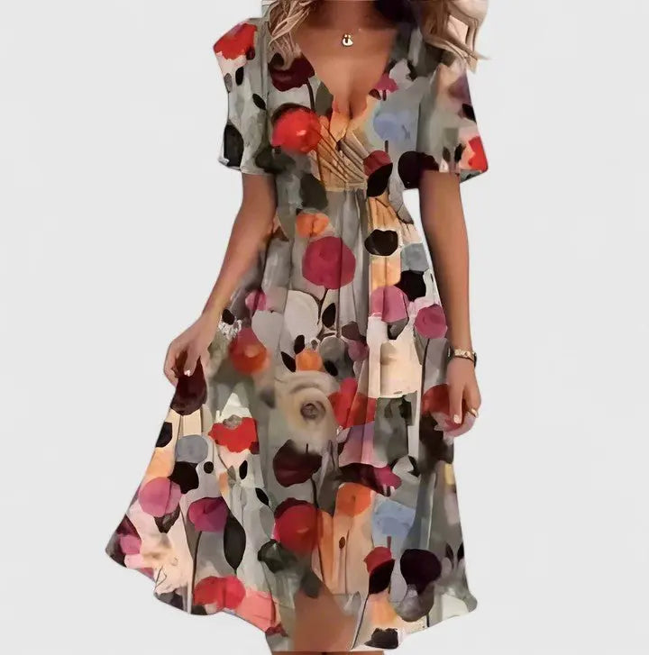 Midi Wrap Dress V-Neck Flutter Sleeves Floral Print - Brown Floral