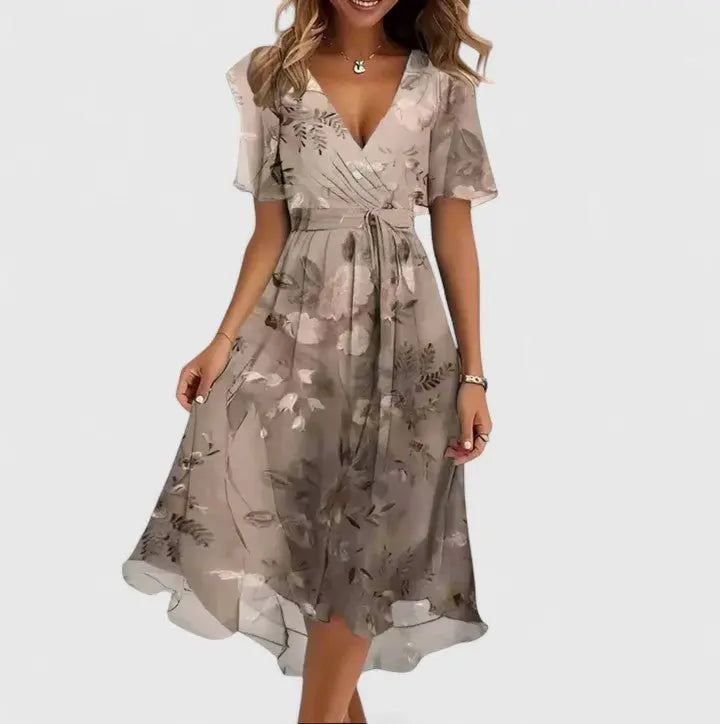 Midi Wrap Dress V-Neck Flutter Sleeves Floral Print - Light Brown