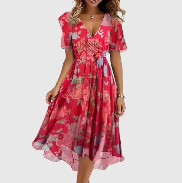 Midi Wrap Dress V-Neck Flutter Sleeves Floral Print - Red