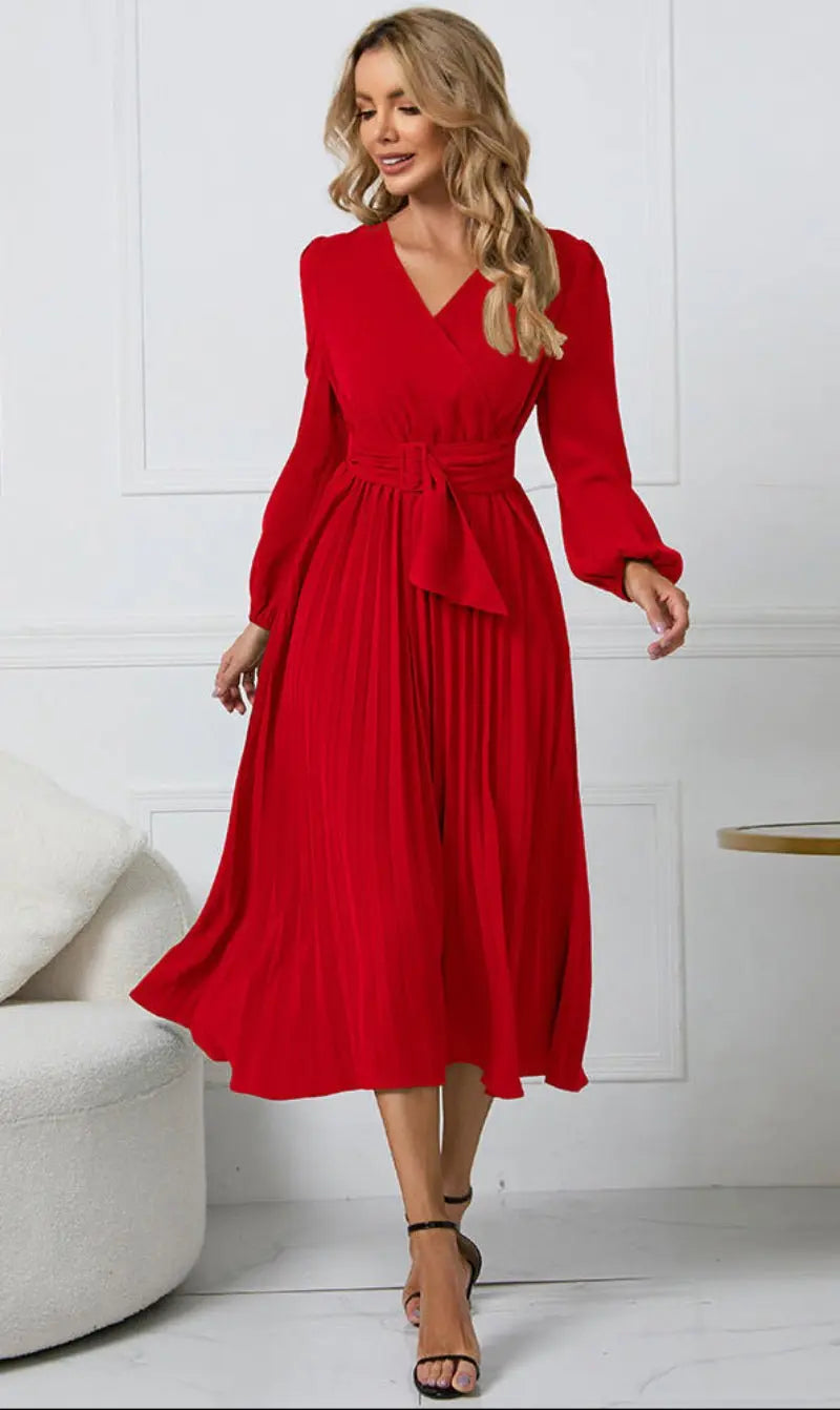 Midi Wrap Dress V-Neck Pleated Long Sleeve Belt - Red