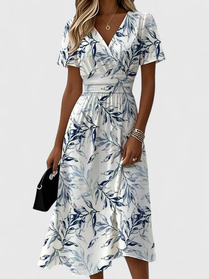 Midi Wrap Dress V-Neck Short Sleeve Floral Print - White