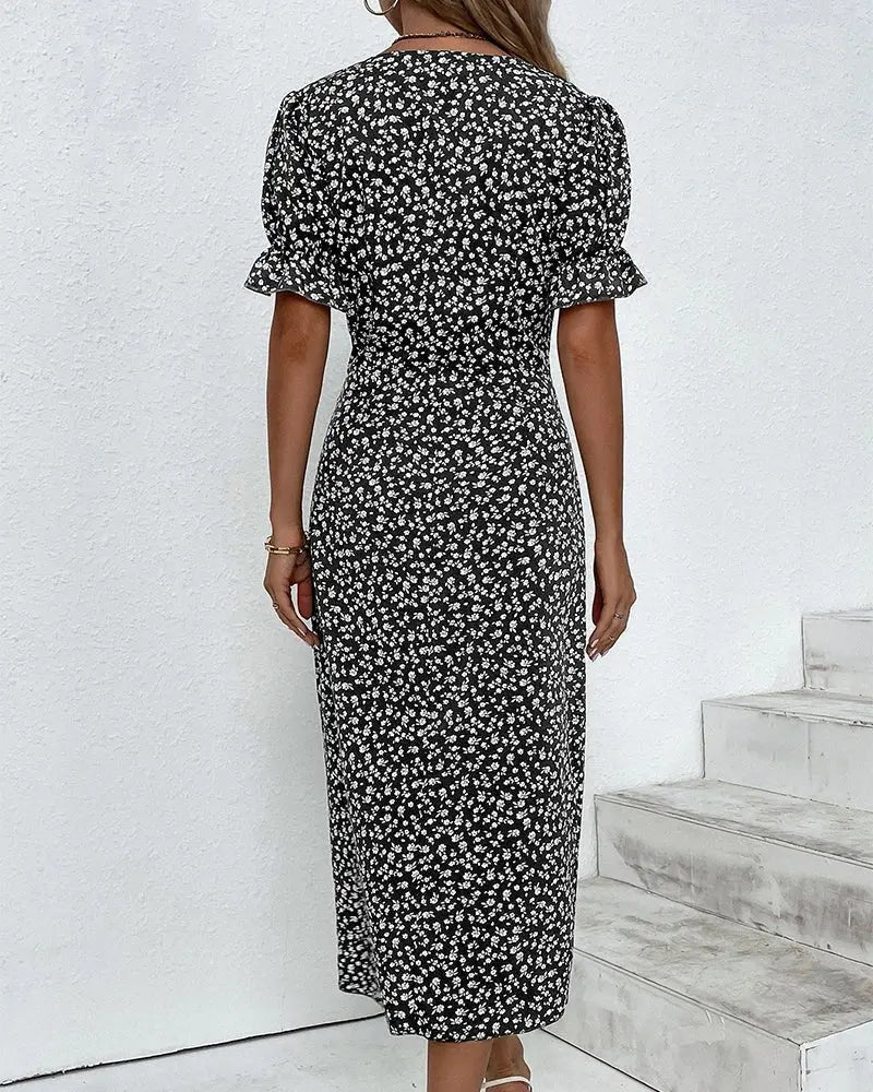 Midi Wrap Dress V-Neck Short Sleeve Floral Print