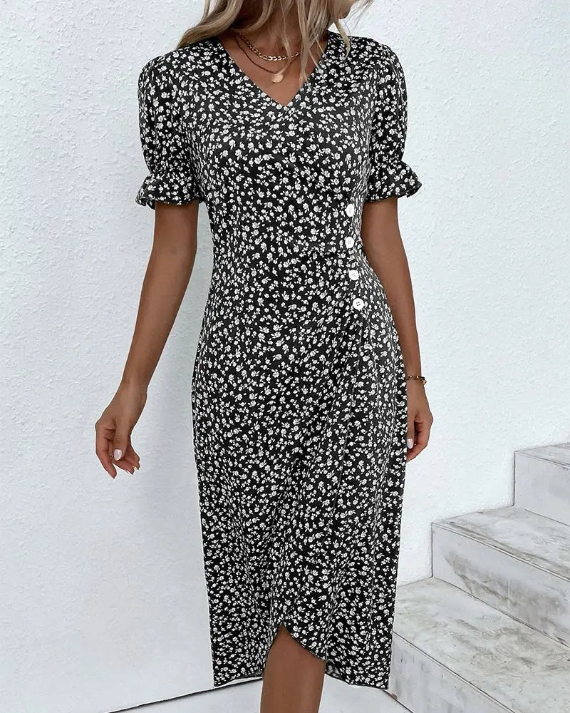 Midi Wrap Dress V-Neck Short Sleeve Floral Print