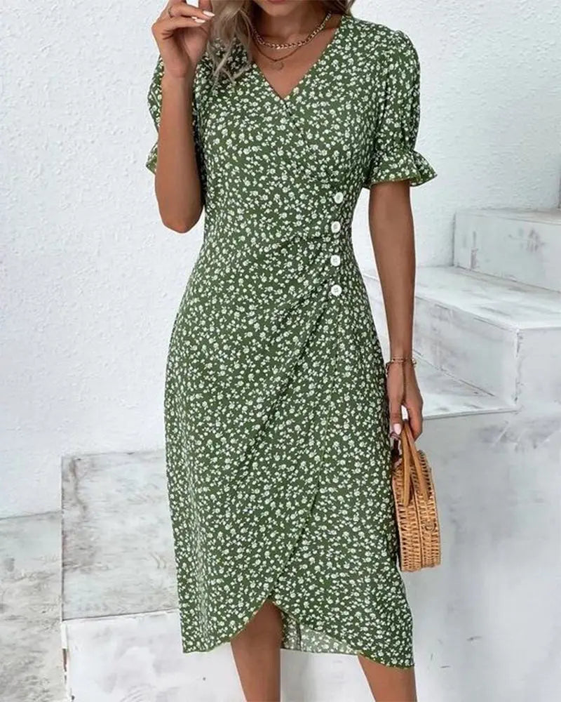 Midi Wrap Dress V-Neck Short Sleeve Floral Print - Green
