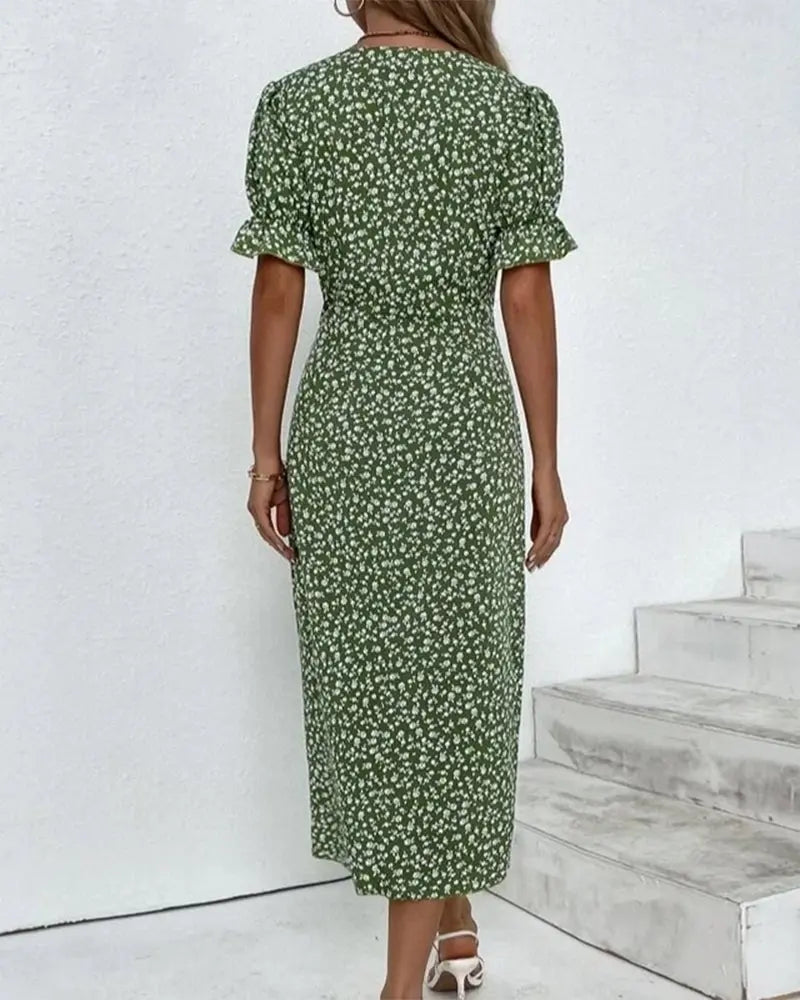 Midi Wrap Dress V-Neck Short Sleeve Floral Print