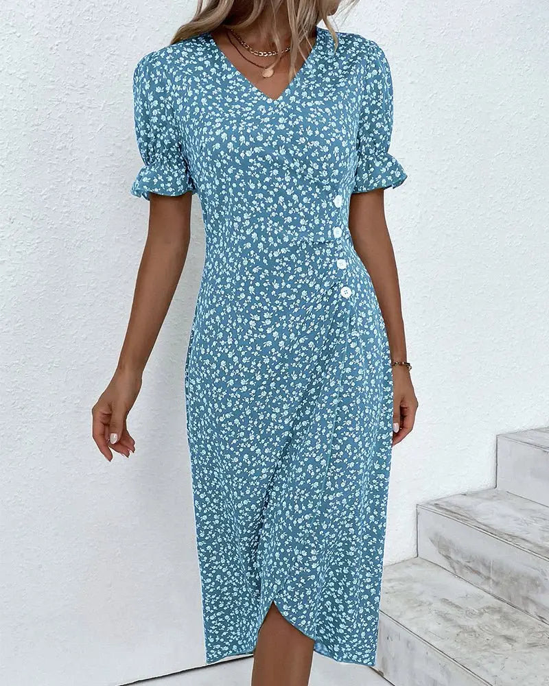 Midi Wrap Dress V-Neck Short Sleeve Floral Print