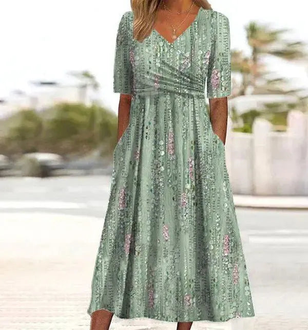 Midi Wrap Dress V-Neck Short Sleeve Floral Summer - Green