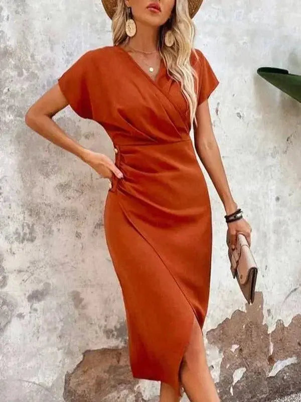 Midi Wrap Dress V-Neck Short Sleeve Front Slit
