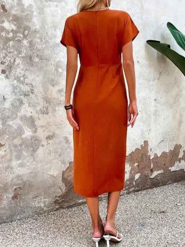 Midi Wrap Dress V-Neck Short Sleeve Front Slit