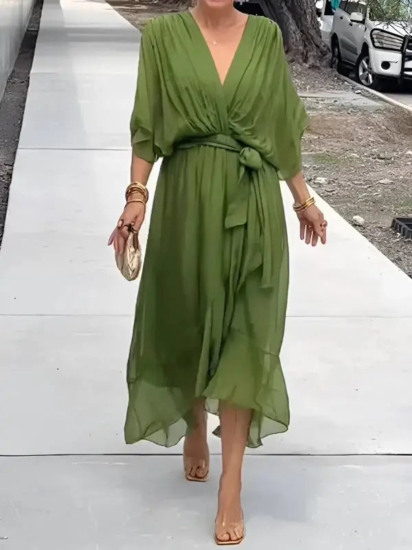 Midi Wrap Dress V-Neck Tie Waist Flowing Sleeves - Green