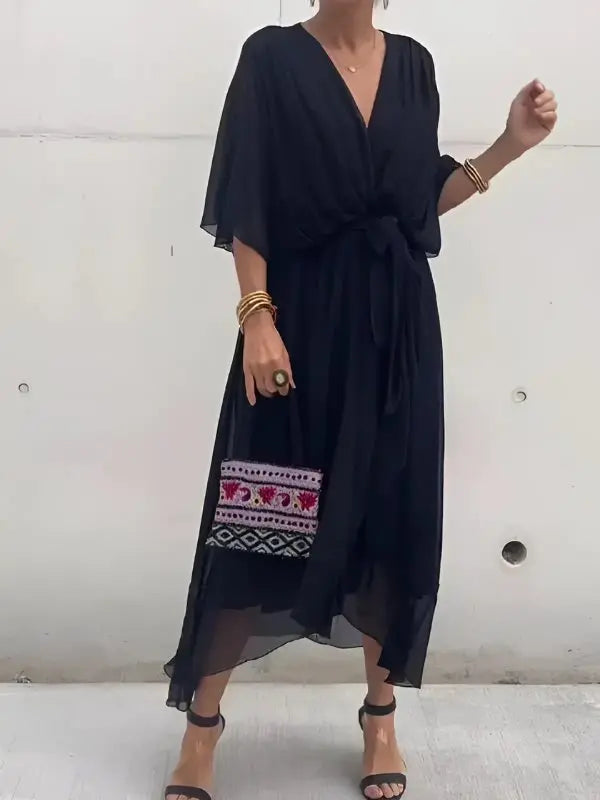 Midi Wrap Dress V-Neck Tie Waist Flowing Sleeves - Black (Almost sold out)