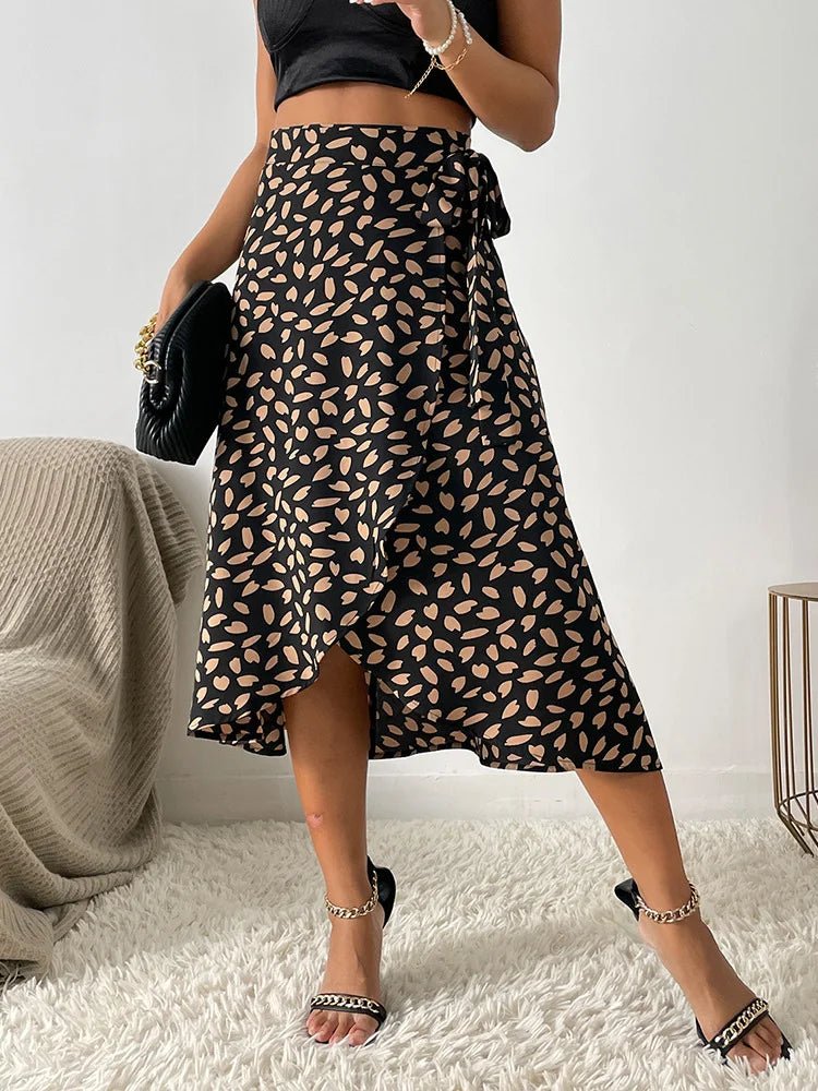Midi Wrap Skirt High Waisted Asymmetric Hem Leaf Print - Black