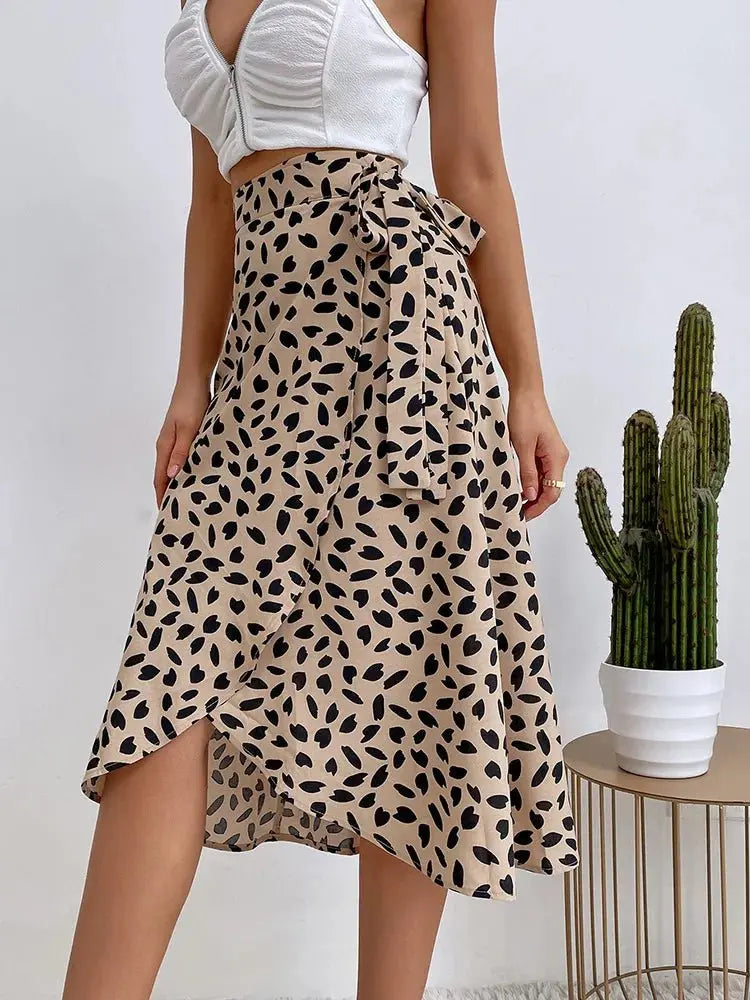 Midi Wrap Skirt High Waisted Asymmetric Hem Leaf Print - Khaki