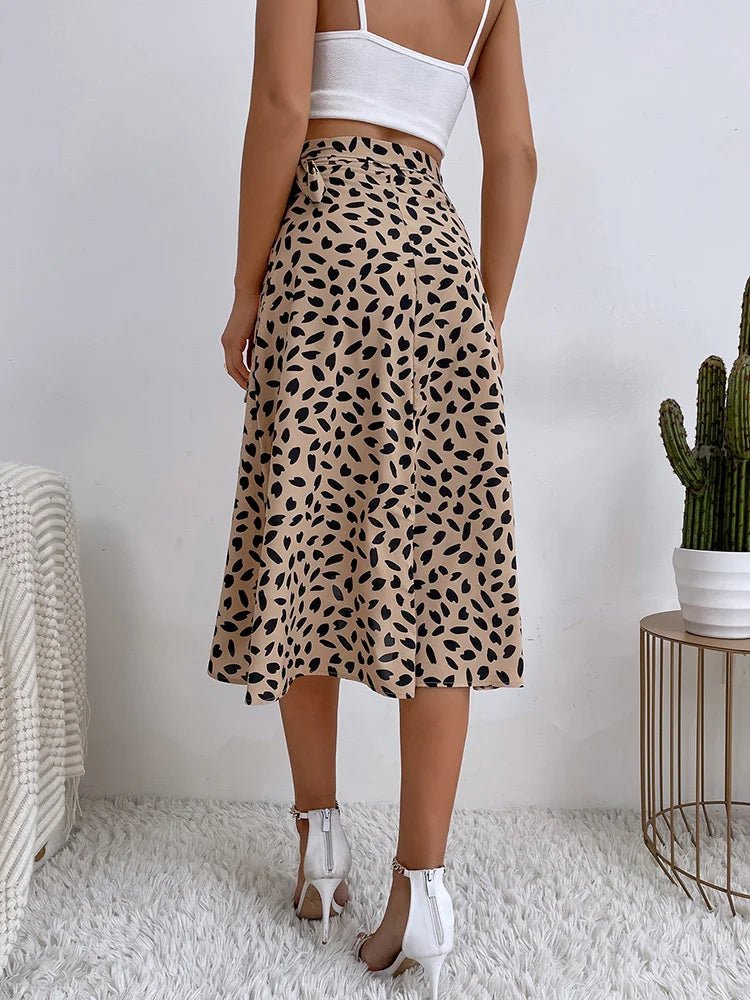 Midi Wrap Skirt High Waisted Asymmetric Hem Leaf Print