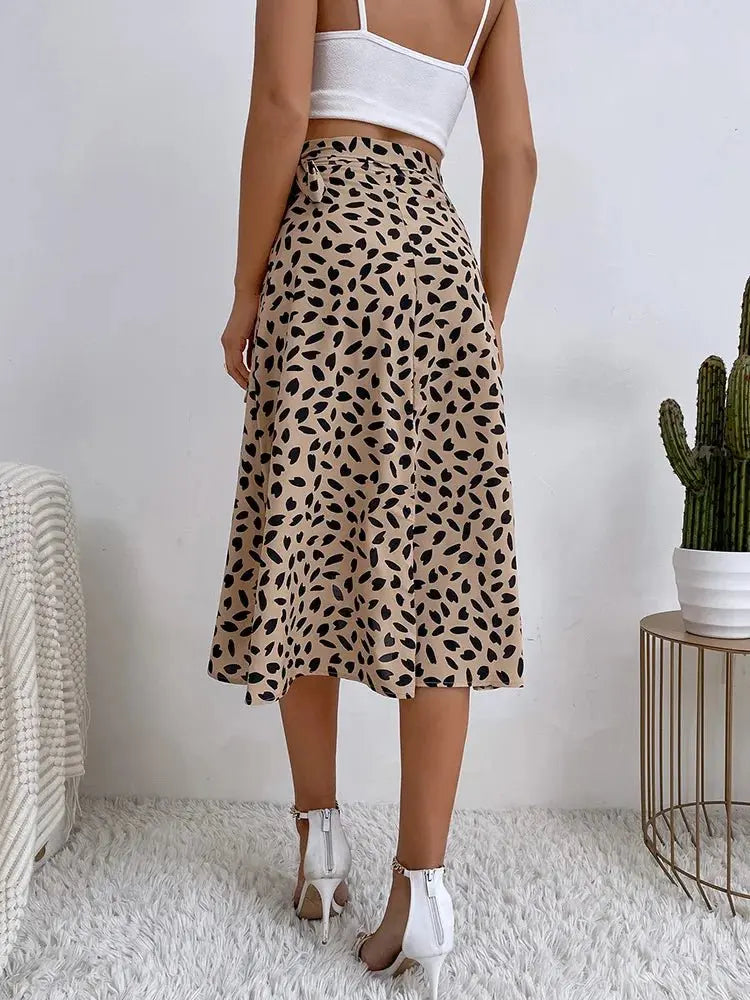 Midi Wrap Skirt High Waisted Asymmetric Hem Leaf Print