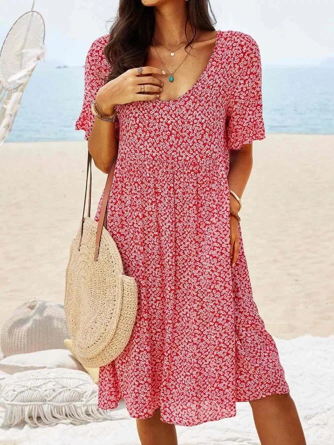 Mini Dress Flutter Sleeves Cotton Ditsy Floral - Red