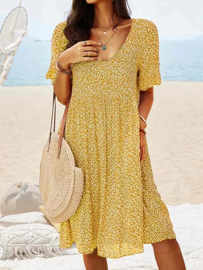 Mini Dress Flutter Sleeves Cotton Ditsy Floral - Yellow