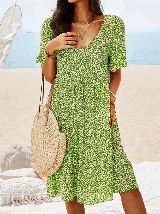 Mini Dress Flutter Sleeves Cotton Ditsy Floral - Light Green