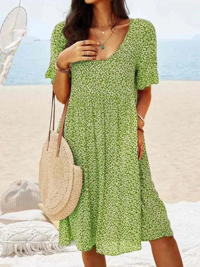 Mini Dress Flutter Sleeves Cotton Ditsy Floral - Light Green
