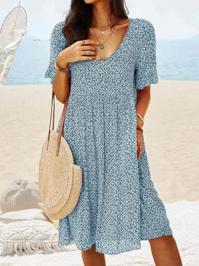 Mini Dress Flutter Sleeves Cotton Ditsy Floral - Steel Blue