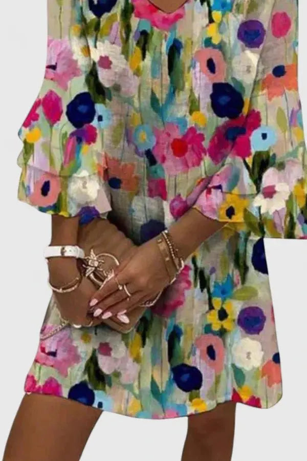 Mini Dress V-Neck Long Sleeve Abstract Floral Print
