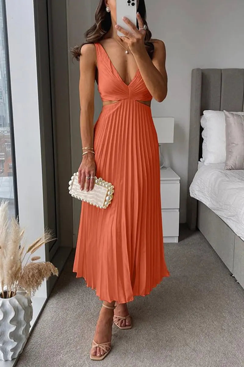 Mother of the Bride Dress Sleeveless V-Neck Pleated Maxi - Orange