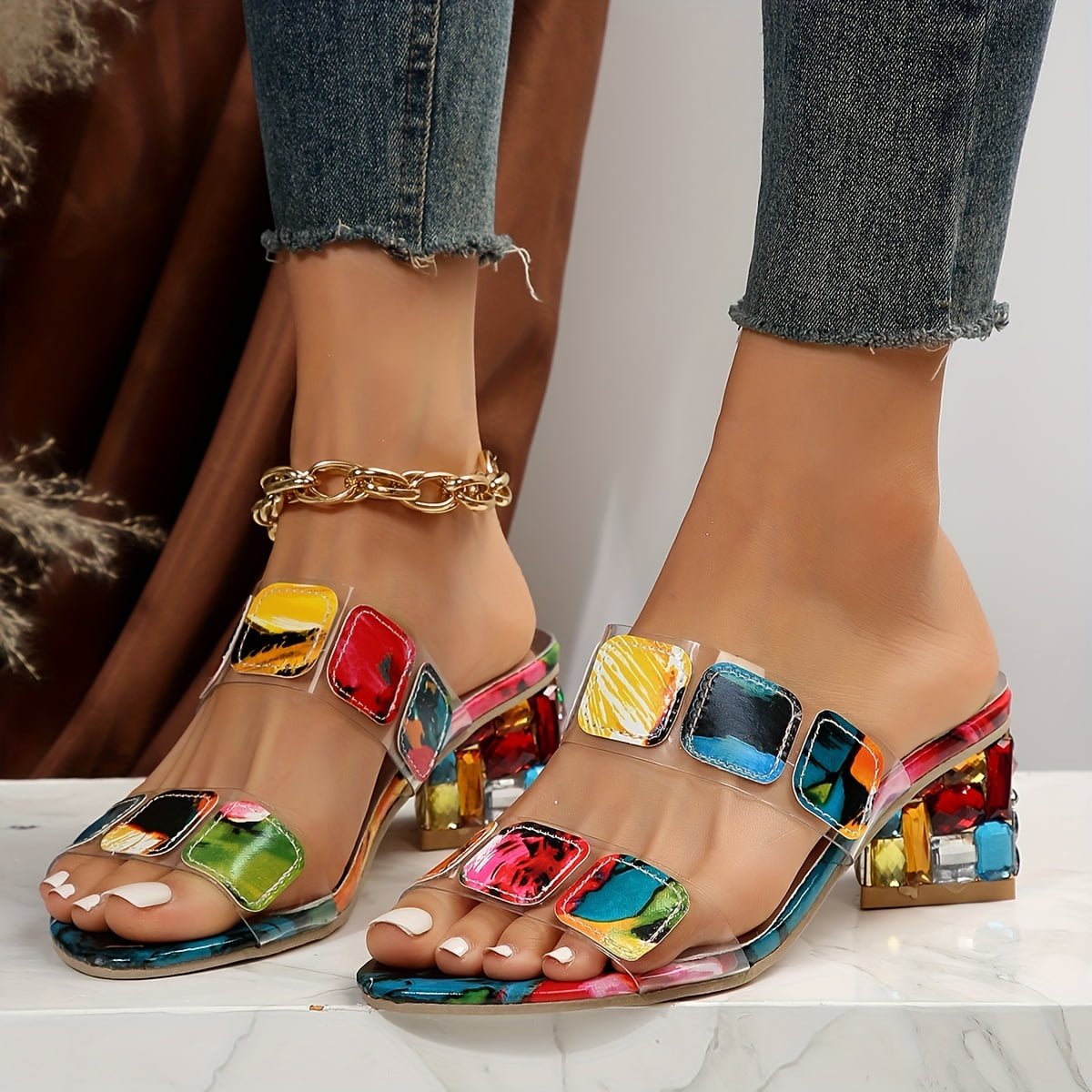 Multicolour Gem Block Heel Sandals Slip-On