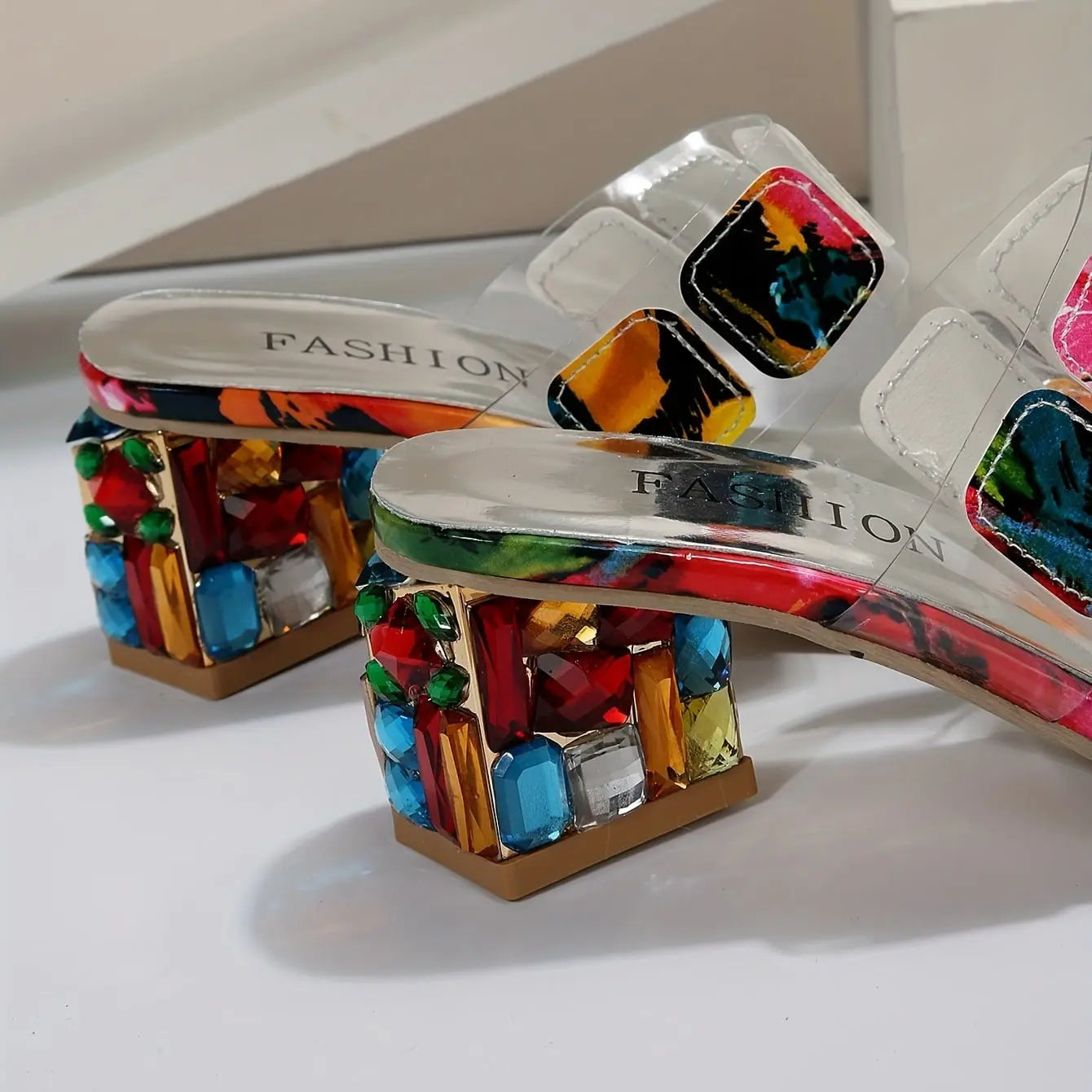 Multicolour Gem Block Heel Sandals Slip-On