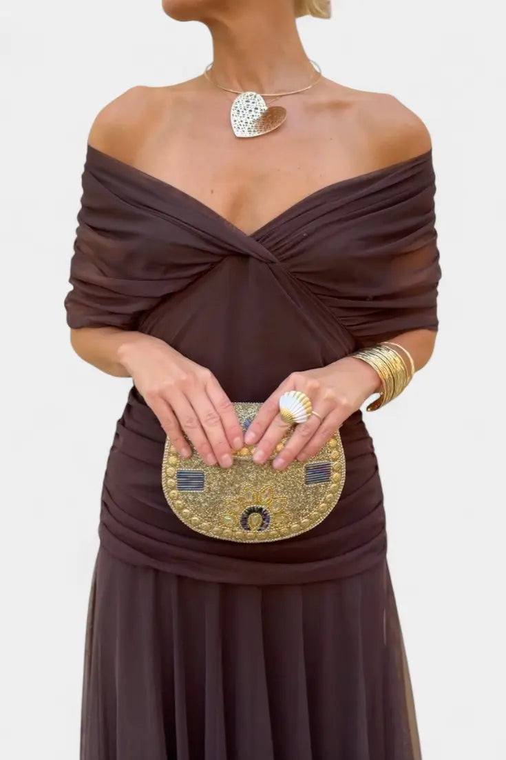 Off Shoulder Wrap Dress V-Neck Ruched Maxi Evening - Brown