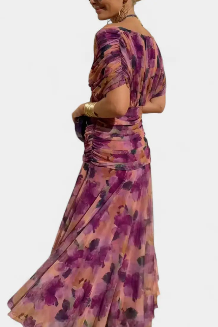 Off Shoulder Wrap Dress V-Neck Ruched Maxi Evening