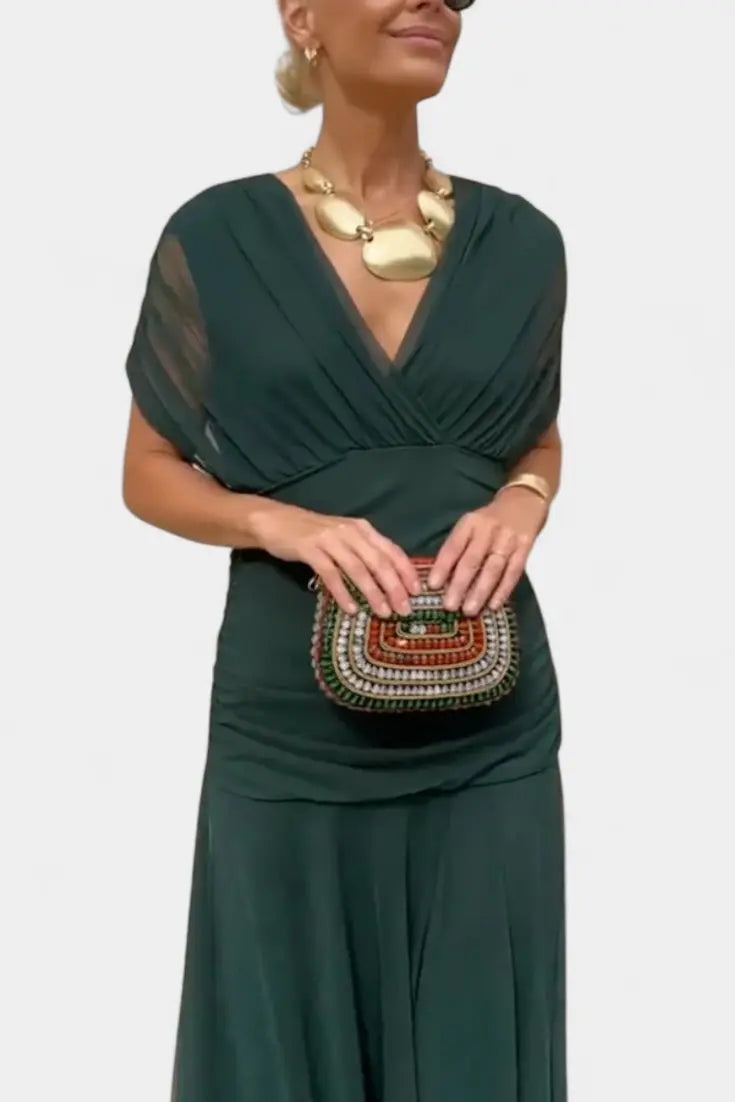 Off Shoulder Wrap Dress V-Neck Ruched Maxi Evening