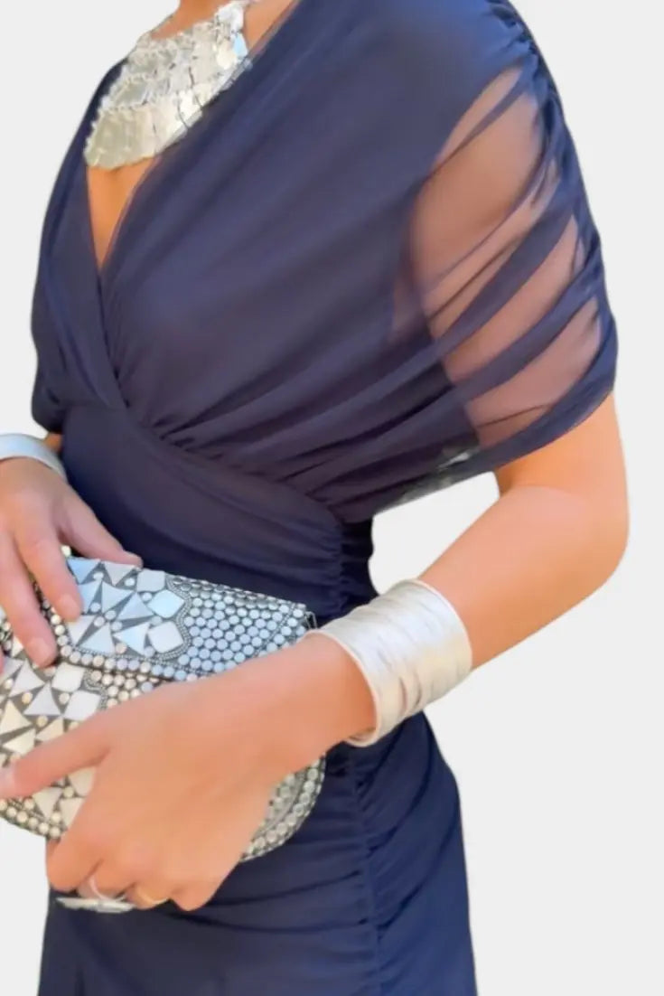 Off Shoulder Wrap Dress V-Neck Ruched Maxi Evening - Blue