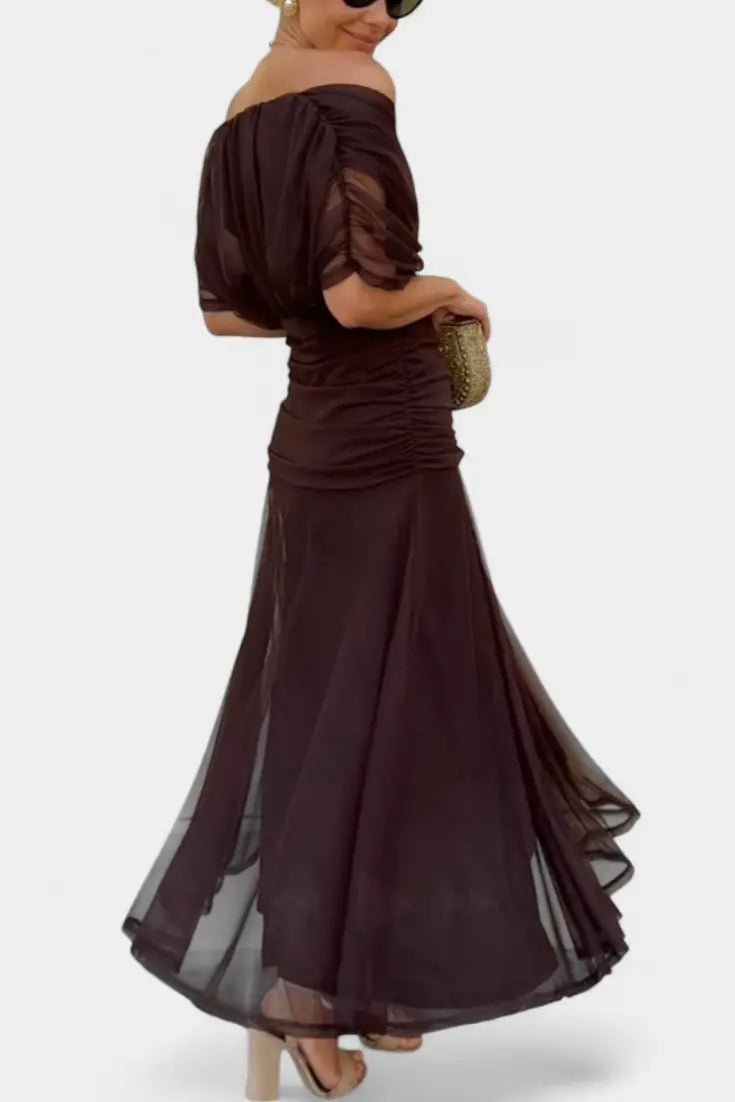 Off Shoulder Wrap Dress V-Neck Ruched Maxi Evening