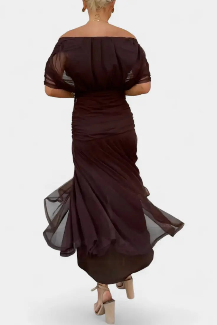Off Shoulder Wrap Dress V-Neck Ruched Maxi Evening