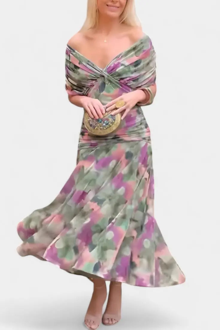 Off Shoulder Wrap Dress V-Neck Ruched Maxi Evening - Green and Purple