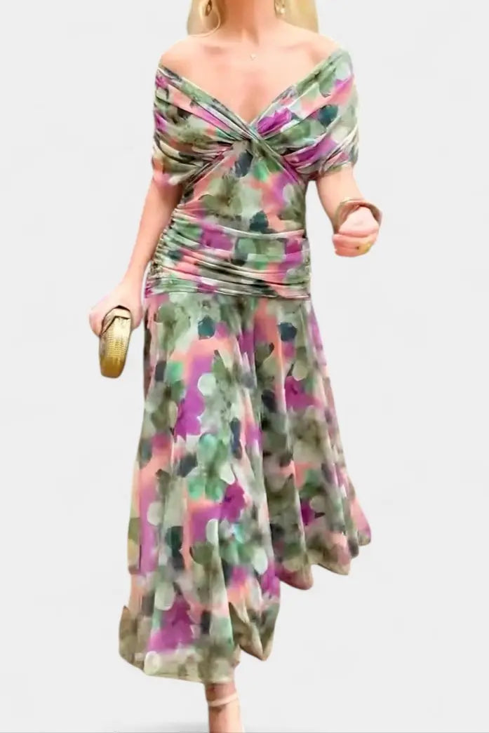 Off Shoulder Wrap Dress V-Neck Ruched Maxi Evening