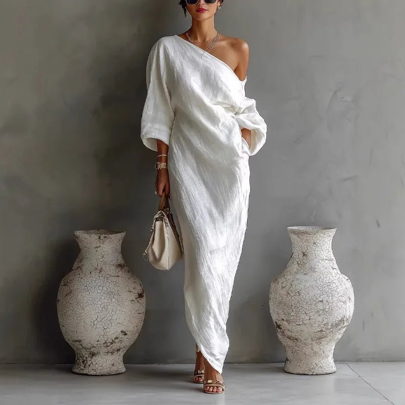 One Shoulder Linen Dress Asymmetric Batwing Sleeve - White