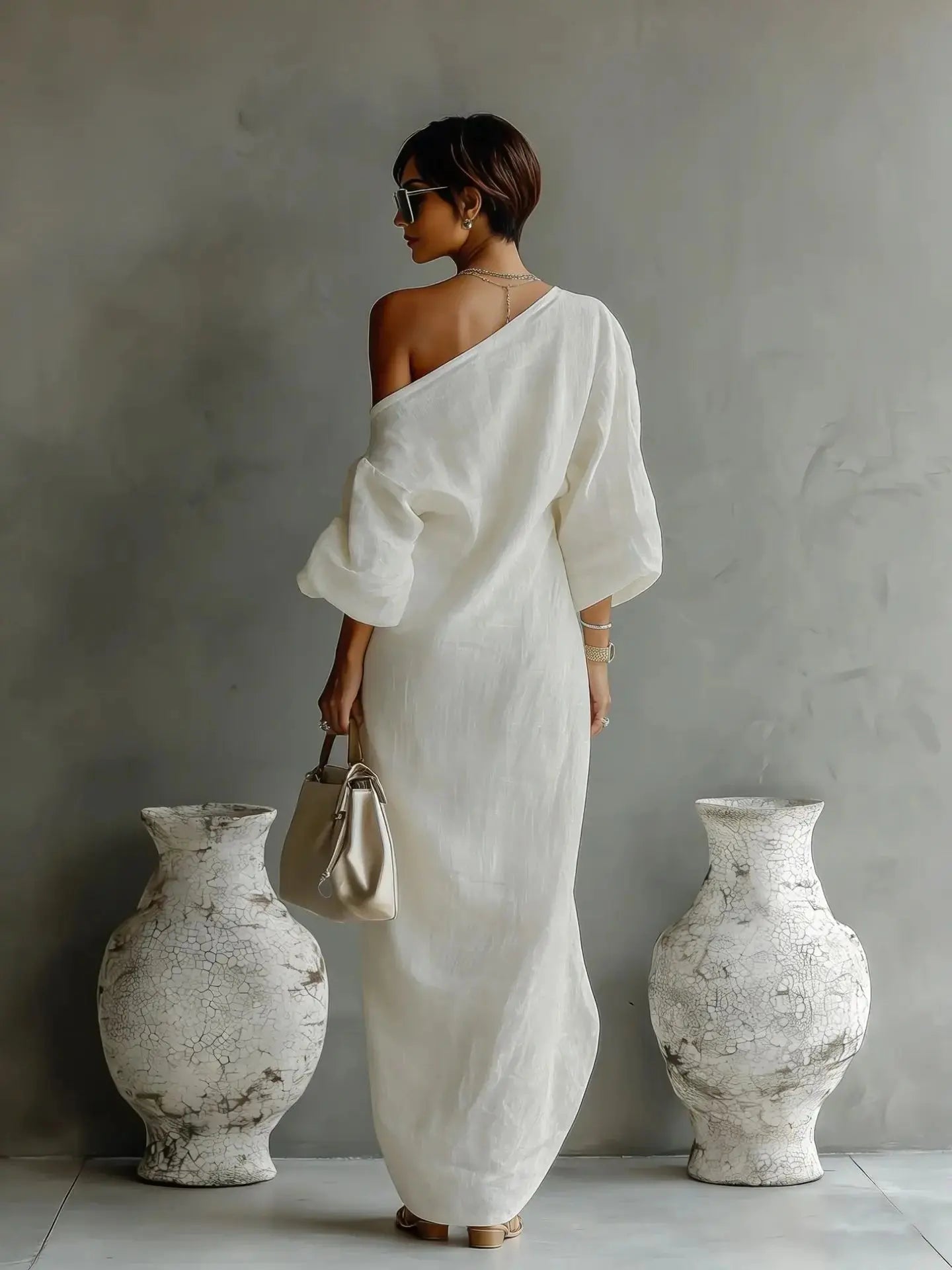 One Shoulder Linen Dress Asymmetric Batwing Sleeve