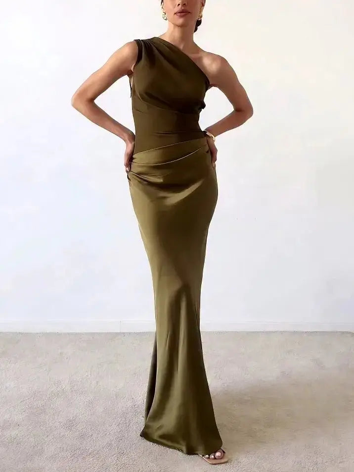 One Shoulder Maxi Dress Pleated Asymmetric Formal Evening - Dark Green