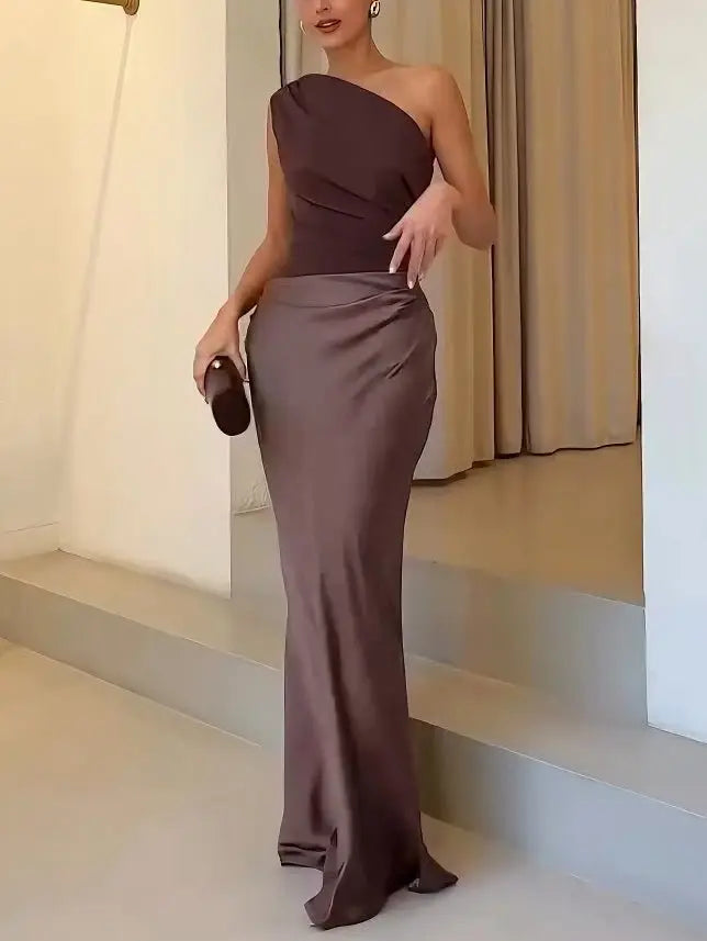 One Shoulder Maxi Dress Pleated Asymmetric Formal Evening