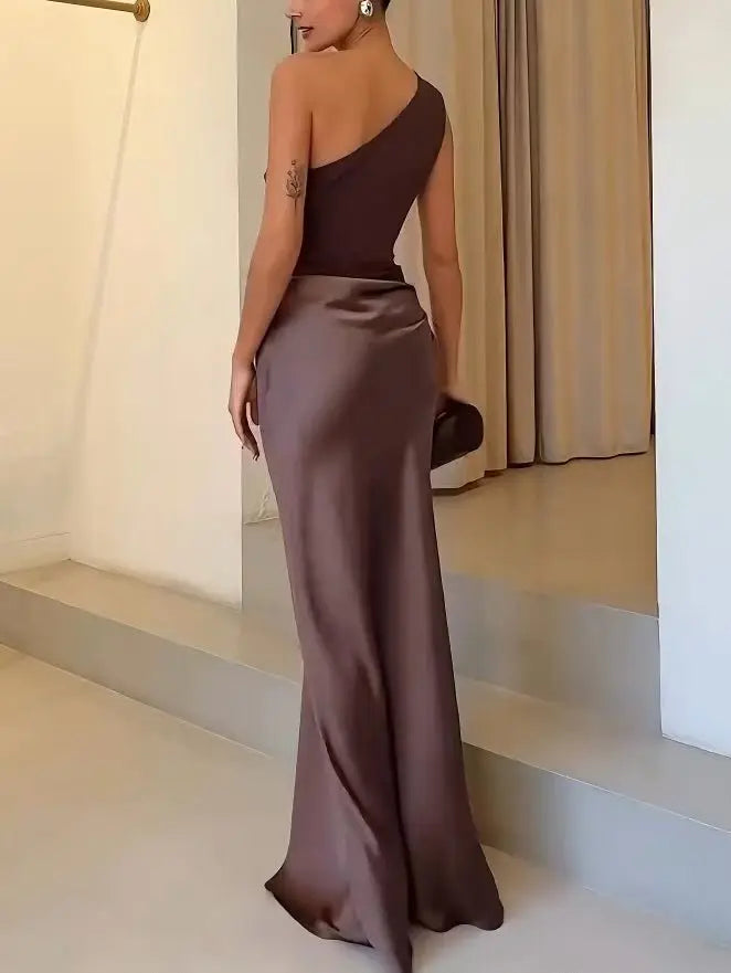 One Shoulder Maxi Dress Pleated Asymmetric Formal Evening